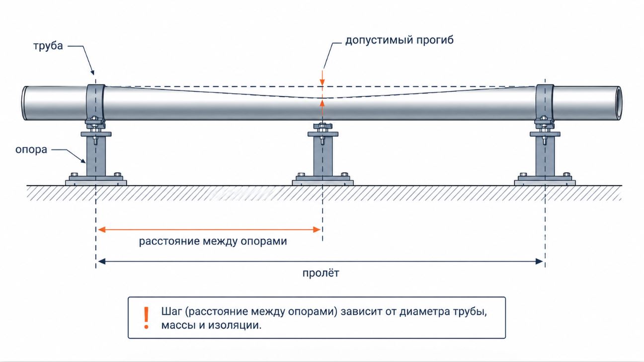 Схема расстояния между опорами трубопровода